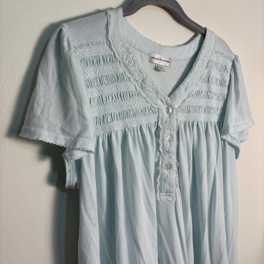 Miss Elaine XL Blue Cotton Blend Nightgown Cottagecore Victorian Prairie Smocked - Picture 9 of 11